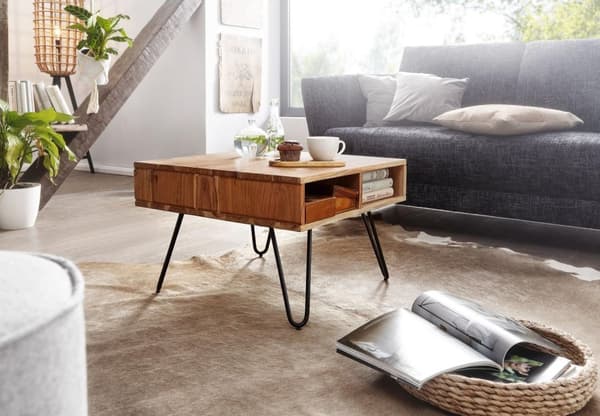 Rootz sohvapöytä 60x40x60 cm akaasia massiivipuuta - metalli design sohvapöytä kulmikas - Puupöytä säilytystilalla - Sohvapöytä puinen neliön ruskea