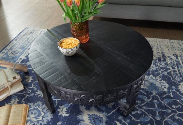 Rootz design -sohvapöytä 80x36x80 cm Mango massiivipuinen sohvapöytä pyöreä musta - Olohuoneen pöytä puinen Sedan pöytä massiivi - Olohuoneen itämaine
