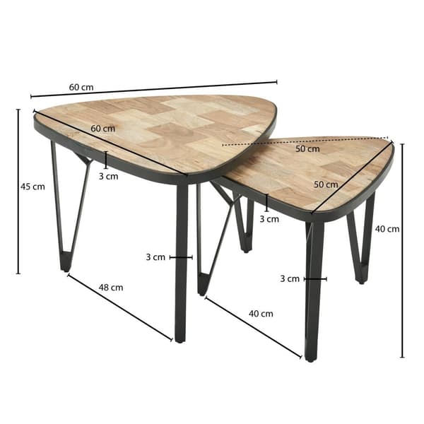 Rootz design soffbord set med 2 mango - akacia massivträ häckningsbord triangulära - Brunt soffbord med metallben - Bordsunderlägg 2-delat häckbord tr