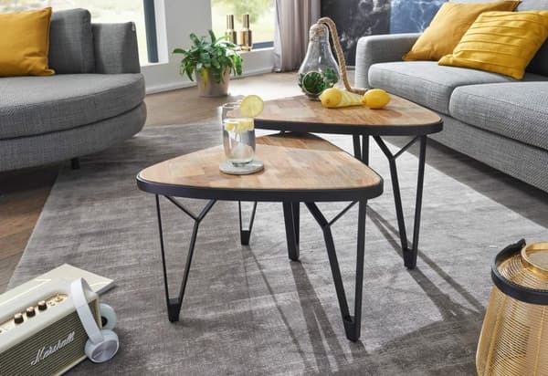 Rootz design soffbord set med 2 mango - akacia massivträ häckningsbord triangulära - Brunt soffbord med metallben - Bordsunderlägg 2-delat häckbord tr