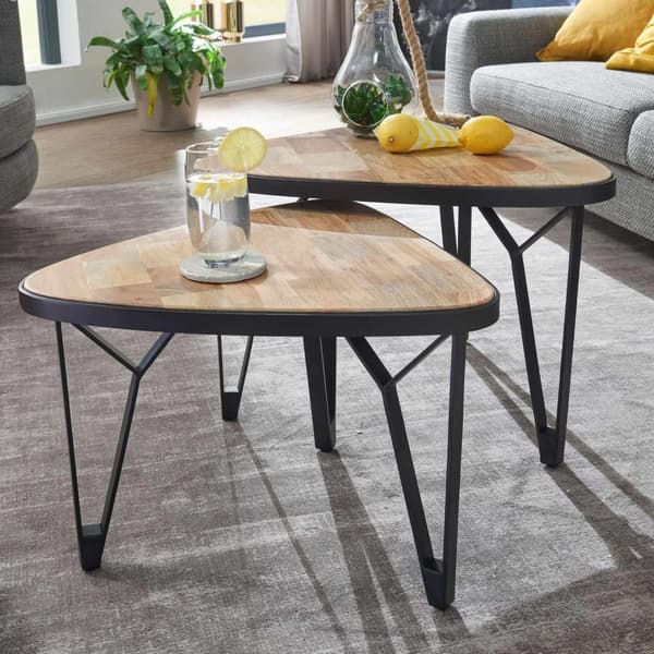 Rootz design soffbord set med 2 mango - akacia massivträ häckningsbord triangulära - Brunt soffbord med metallben - Bordsunderlägg 2-delat häckbord tr