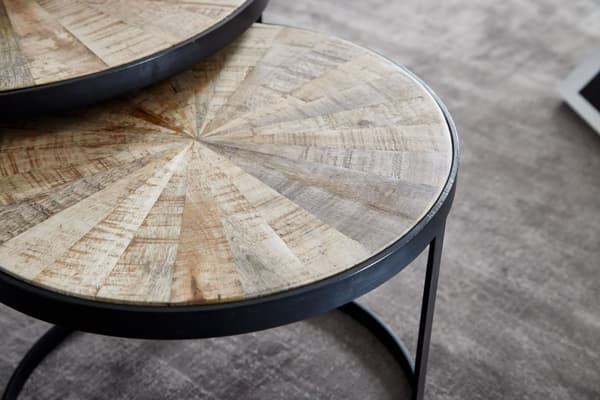 Rootz design soffbordsset med 2 st mango massivt trä häckbord runda - Soffbord med metallben brunt - Bordsunderlägg 2-delat häckbord i trä - metall sv