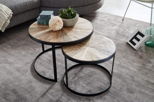 Rootz design soffbordsset med 2 st mango massivt trä häckbord runda - Soffbord med metallben brunt - Bordsunderlägg 2-delat häckbord i trä - metall sv