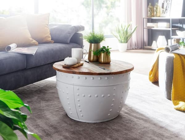 Rootz soffbord Mango 60x36x60 cm massivt trä metall vit industrirunda - Design vardagsrumsbord med förvaringsutrymme - Loungebord soffbord modernt