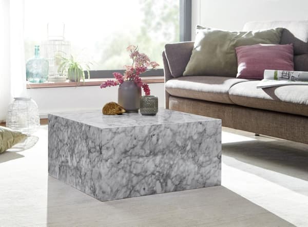 Rootz soffbord 60x30x60 cm högblank med marmorlook vit - Design vardagsrumsbord Kub fyrkantig - Lounge sidobord kubform