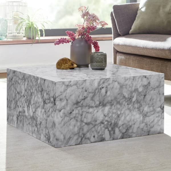 Rootz soffbord 60x30x60 cm högblank med marmorlook vit - Design vardagsrumsbord Kub fyrkantig - Lounge sidobord kubform