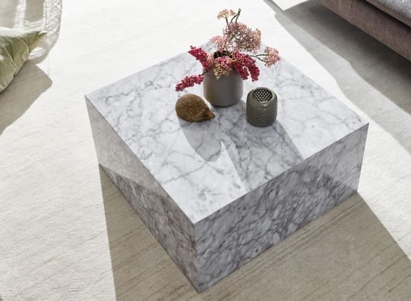 Rootz soffbord 60x30x60 cm högblank med marmorlook vit - Design vardagsrumsbord Kub fyrkantig - Lounge sidobord kubform