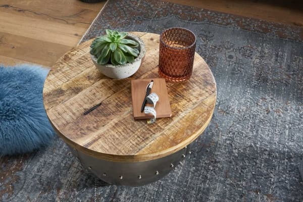 Rootz soffbord Mango massivt trä - metall 60x43x60 cm industriell stil runt - Design vardagsrumsbord med förvaringsutrymme - Modernt loungebord soffbo