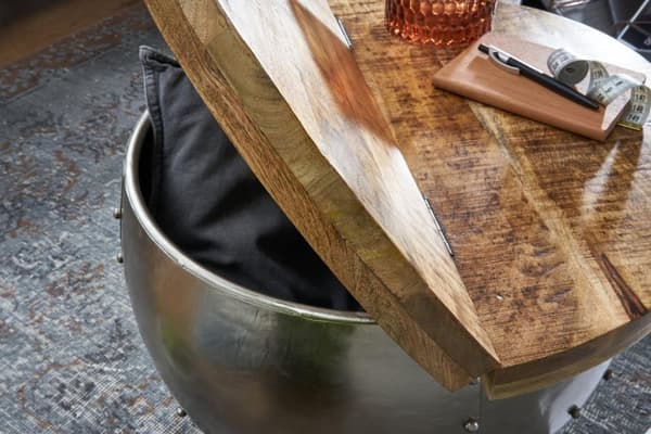 Rootz soffbord Mango massivt trä - metall 60x43x60 cm industriell stil runt - Design vardagsrumsbord med förvaringsutrymme - Modernt loungebord soffbo