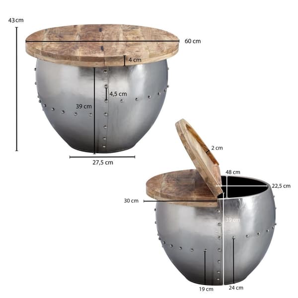 Rootz soffbord Mango massivt trä - metall 60x43x60 cm industriell stil runt - Design vardagsrumsbord med förvaringsutrymme - Modernt loungebord soffbo