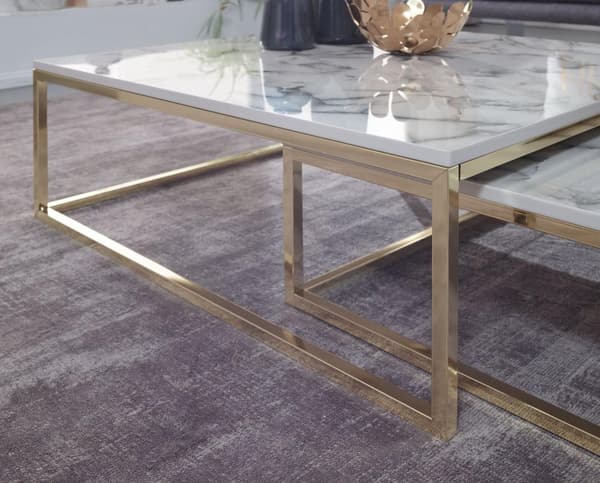Rootz design sofabord sæt med 2 hvid marmor optik kantet - Sofaborde 2-delt bordstel metal guld - Ædle stueborde - Moderne redeborde