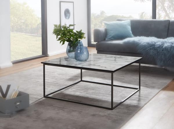 Rootz soffbord fyrkantigt 80x38x80 cm med marmorlook vit - Vardagsbord med svart metallram - Modernt dekorativt bord