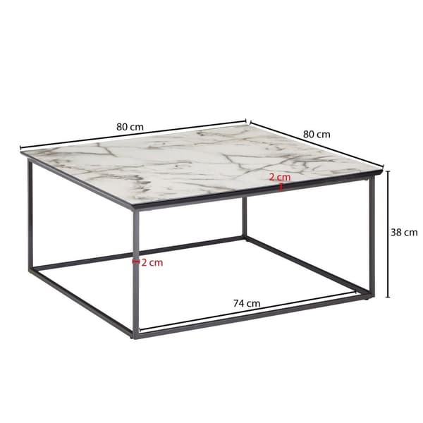 Rootz soffbord fyrkantigt 80x38x80 cm med marmorlook vit - Vardagsbord med svart metallram - Modernt dekorativt bord