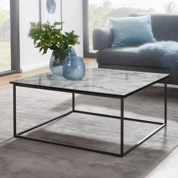 Rootz soffbord fyrkantigt 80x38x80 cm med marmorlook vit - Vardagsbord med svart metallram - Modernt dekorativt bord