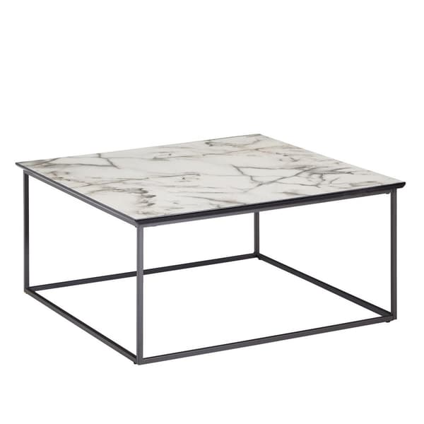 Rootz soffbord fyrkantigt 80x38x80 cm med marmorlook vit - Vardagsbord med svart metallram - Modernt dekorativt bord
