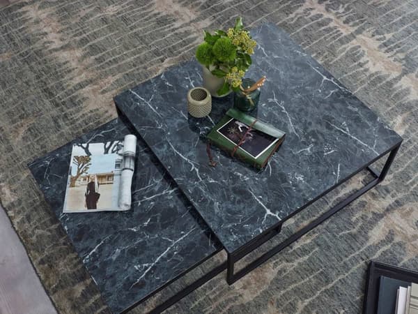 Rootz Design Set med 2 Black Marble Optics Angular - Soffbord 2-delad metallram - Nobla vardagsrumsbord - Moderna häckbord