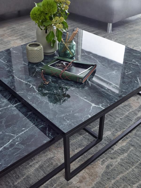 Rootz Design Set med 2 Black Marble Optics Angular - Soffbord 2-delad metallram - Nobla vardagsrumsbord - Moderna häckbord