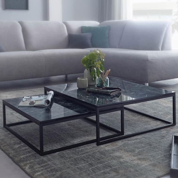 Rootz Design Set med 2 Black Marble Optics Angular - Soffbord 2-delad metallram - Nobla vardagsrumsbord - Moderna häckbord