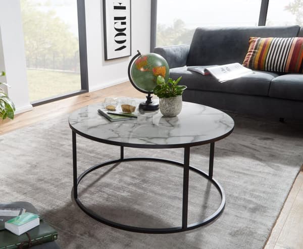 Rootz soffbord runt 80x40x80 cm med marmorlook vit - Vardagsbord med svart metallram - Modernt dekorativt bord