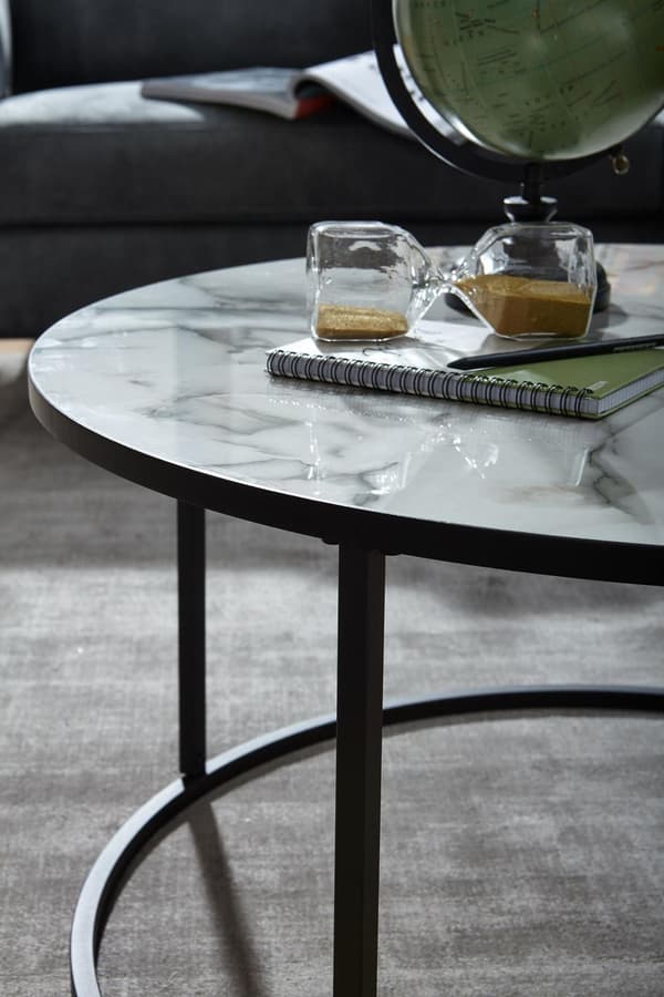 Rootz soffbord runt 80x40x80 cm med marmorlook vit - Vardagsbord med svart metallram - Modernt dekorativt bord
