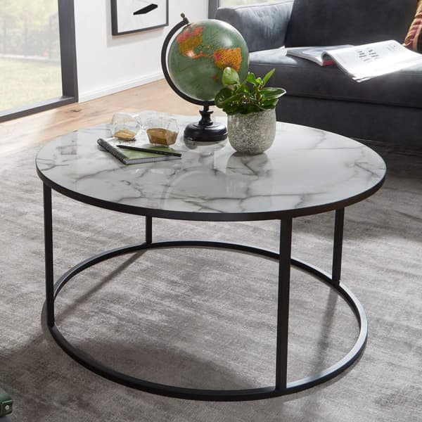 Rootz soffbord runt 80x40x80 cm med marmorlook vit - Vardagsbord med svart metallram - Modernt dekorativt bord
