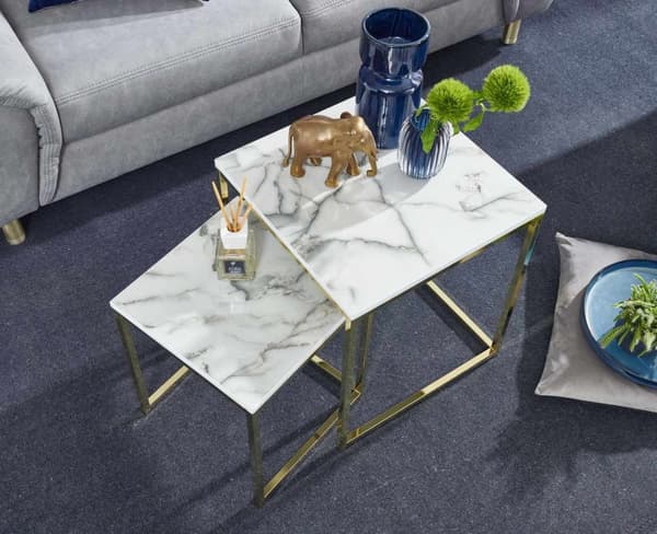 Rootz Design Side Sæt med 2 Hvid Marmor Optik Kantet - Sofabord 2-delt bordstel metal guld - Små stueborde - Moderne firkantede indskudsborde