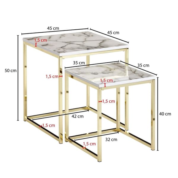 Rootz Design Side Sæt med 2 Hvid Marmor Optik Kantet - Sofabord 2-delt bordstel metal guld - Små stueborde - Moderne firkantede indskudsborde