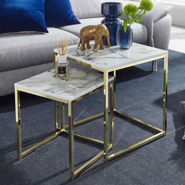 Rootz Design Side Sæt med 2 Hvid Marmor Optik Kantet - Sofabord 2-delt bordstel metal guld - Små stueborde - Moderne firkantede indskudsborde