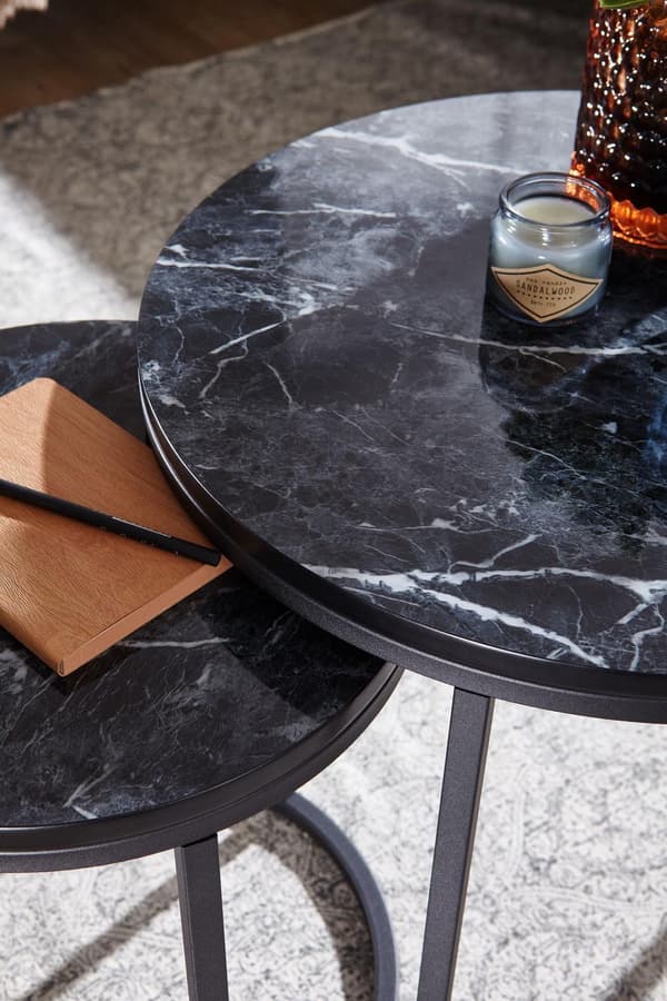 Rootz design sivupöytäsetti 2 mustaa marmoria look pyöreä - Sohvapöytä 2-osainen metallirunko - Pienet olohuoneen pöydät - Modernit sisäkkäiset pöydät