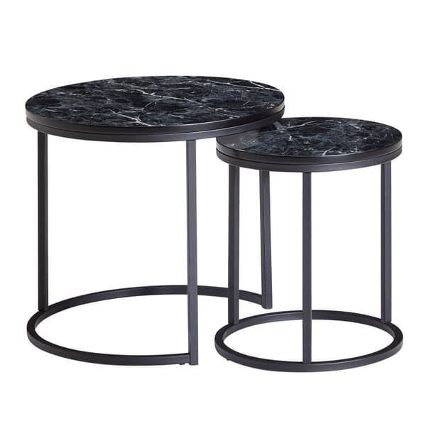 Rootz design sidebord sæt med 2 sort marmor look rund - Sofabord 2-delt metalstel - Små stueborde - Moderne redeborde
