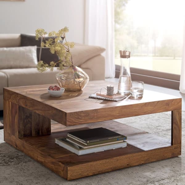 Rootz sofabord massivt træ Sheesham 90cm Design stuebord mørkebrunt bord i landstil
