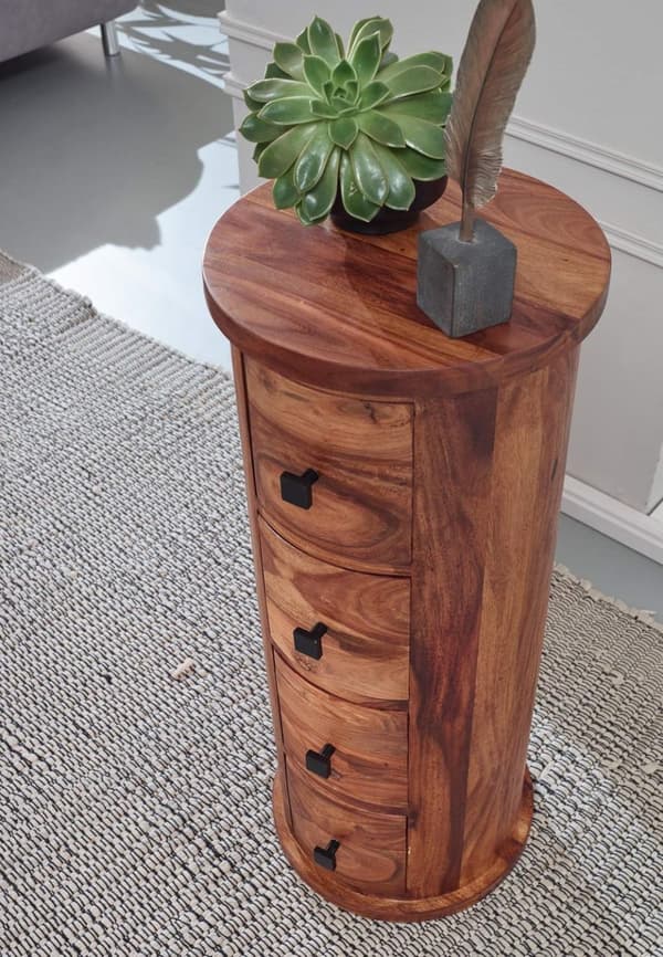 Rootz design skänk sheesham massivt trä 35x85x35 cm - Skåp med 4 lådor - Smalt sidoskåp, massivt - Minikommod rund