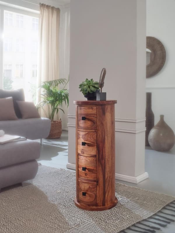 Rootz design skänk sheesham massivt trä 35x85x35 cm - Skåp med 4 lådor - Smalt sidoskåp, massivt - Minikommod rund