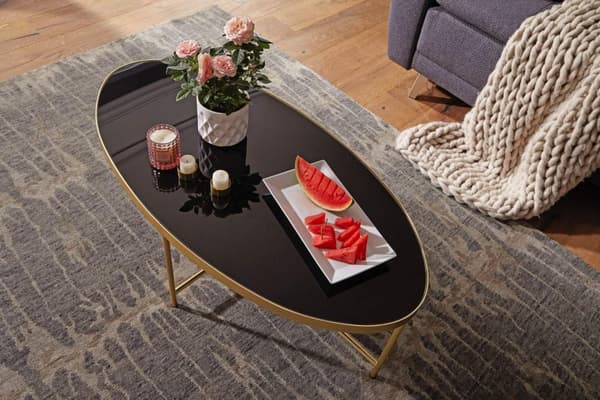 Rootz design soffbord glas svart - ovalt 110 x 56 cm med guldmetall - Stort vardagsrumsbord Loungebord glasbord