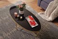 Miniatyrbild 2 av 5: Rootz design soffbord glas svart - ovalt 110 x 56 cm med guldmetall - Stort vardagsrumsbord Loungebord glasbord