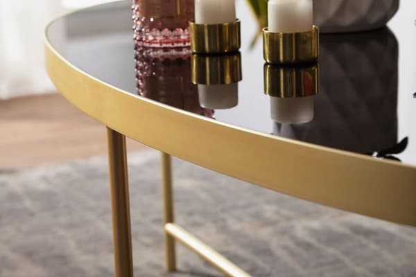 Rootz design soffbord glas svart - ovalt 110 x 56 cm med guldmetall - Stort vardagsrumsbord Loungebord glasbord