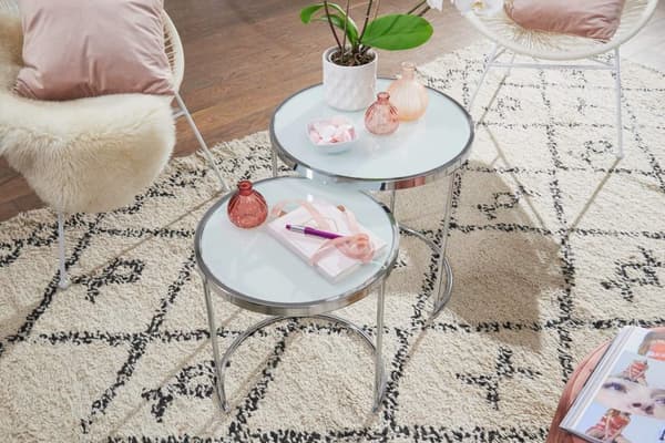 Rootz design sidebord rundt Ø 50-42 cm - 2 stk hvid sølv med glasplade - Stuebord sæt af 2 - Nesting bord mælkeglas - sofabord