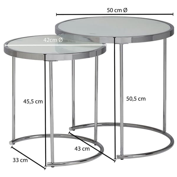 Rootz design sidebord rundt Ø 50-42 cm - 2 stk hvid sølv med glasplade - Stuebord sæt af 2 - Nesting bord mælkeglas - sofabord