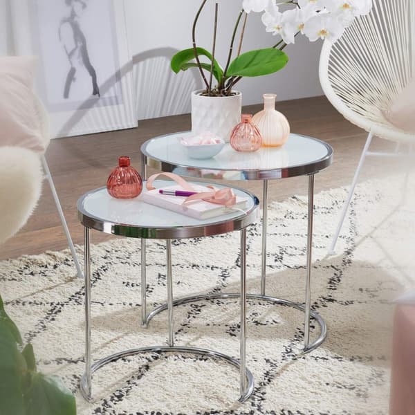 Rootz design sidebord rundt Ø 50-42 cm - 2 stk hvid sølv med glasplade - Stuebord sæt af 2 - Nesting bord mælkeglas - sofabord