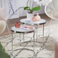 Miniatyrbillede 6 af 7: Rootz design sidebord rundt Ø 50-42 cm - 2 stk hvid sølv med glasplade - Stuebord sæt af 2 - Nesting bord mælkeglas - sofabord
