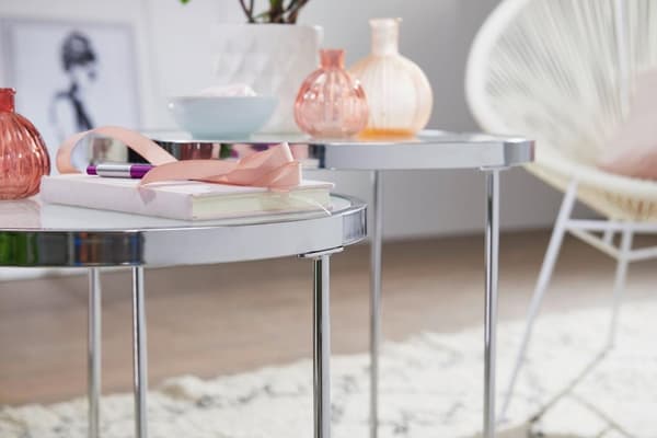 Rootz design sidebord rundt Ø 50-42 cm - 2 stk hvid sølv med glasplade - Stuebord sæt af 2 - Nesting bord mælkeglas - sofabord