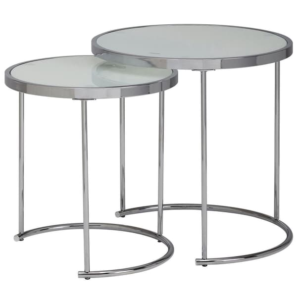Rootz design sidebord rundt Ø 50-42 cm - 2 stk hvid sølv med glasplade - Stuebord sæt af 2 - Nesting bord mælkeglas - sofabord