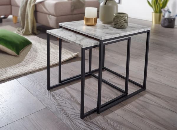 Rootz design sidobord set om 2 marmor ser vit ut - Soffbord 2 delar bordsram svart - Små vardagsrumsbord Moderna häckbord