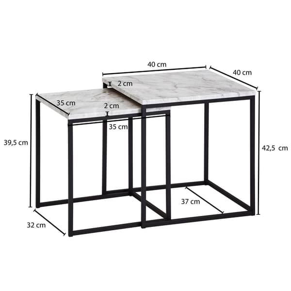 Rootz design sidobord set om 2 marmor ser vit ut - Soffbord 2 delar bordsram svart - Små vardagsrumsbord Moderna häckbord