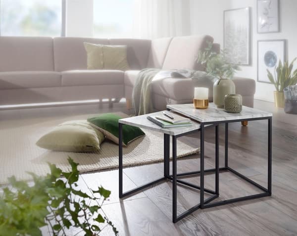 Rootz design sidobord set om 2 marmor ser vit ut - Soffbord 2 delar bordsram svart - Små vardagsrumsbord Moderna häckbord