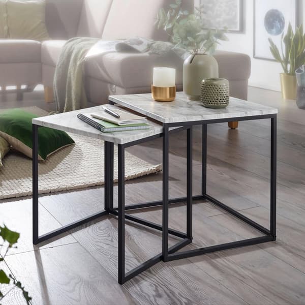 Rootz design sidobord set om 2 marmor ser vit ut - Soffbord 2 delar bordsram svart - Små vardagsrumsbord Moderna häckbord