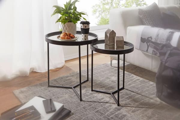 Rootz design sivupöytä pyöreä Ø 50-36 cm - 2 kpl musta peililasikansi - Olohuoneen pöytäsetti 2 kpl - Peilipöytä peilattu sohvapöytä