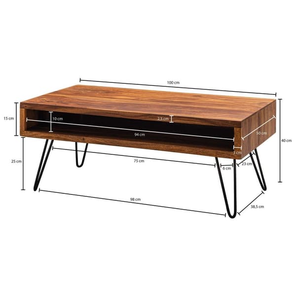 Rootz sofabord 100x40x50 cm Sheesham massivt træ - metal sofabord - Design sofabord rektangulært Massivt sofabord - Stort bord stue