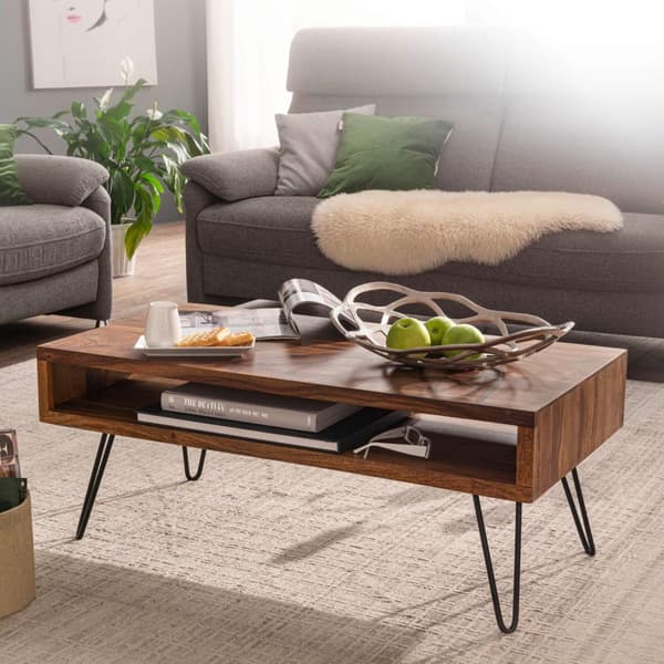 Rootz sofabord 100x40x50 cm Sheesham massivt træ - metal sofabord - Design sofabord rektangulært Massivt sofabord - Stort bord stue