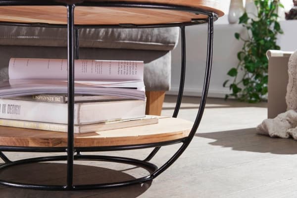 Rootz sofabord 60x34,5x60 cm akacie massivt træ - metal sofabord - Design stuebord rundt - Loungebord Industriel Brun - Bord med hylde